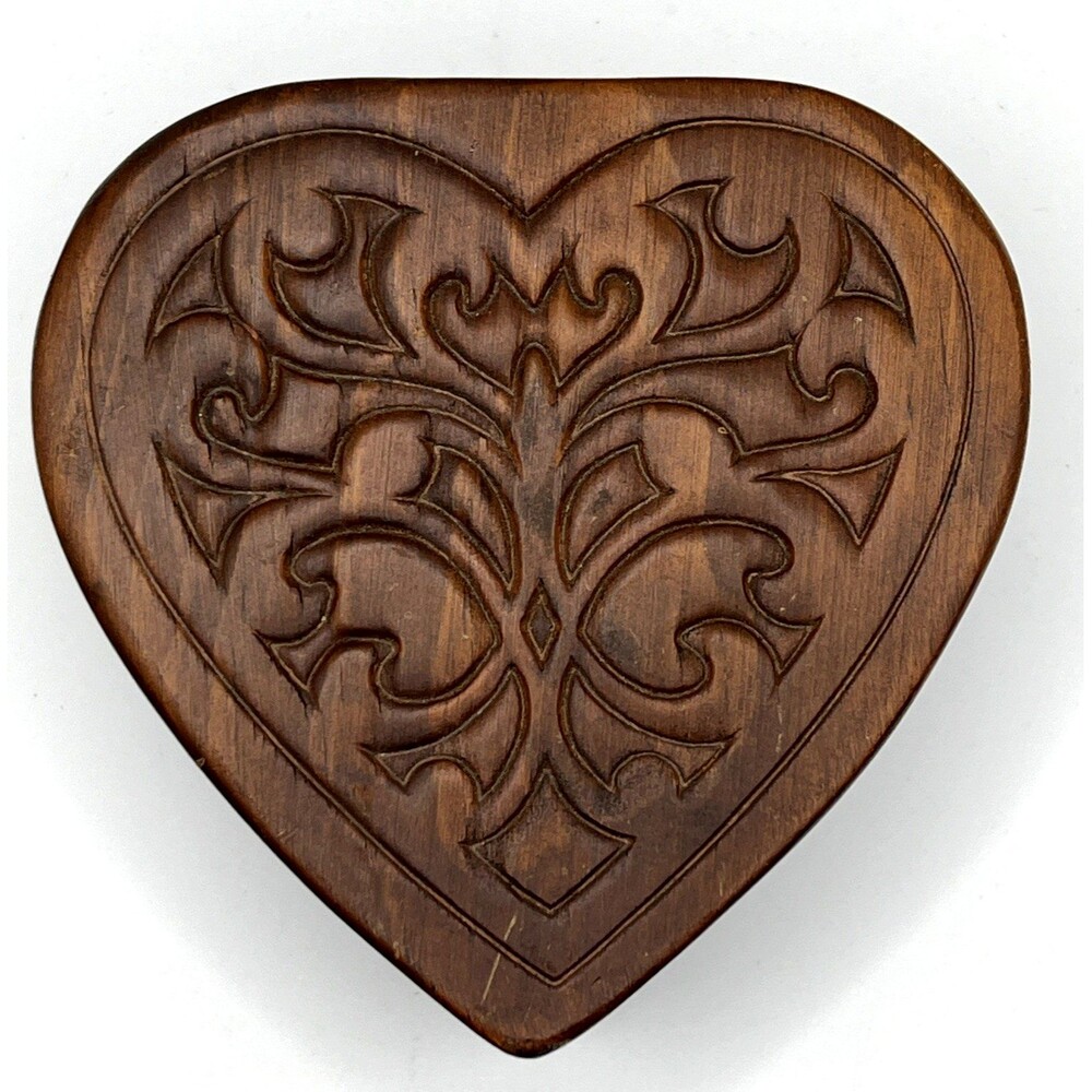 Vintage Handmade Carved Wood Heart-Shaped Trinket Jewelry Box Rustic